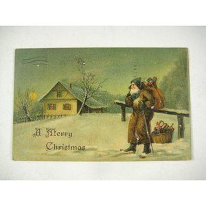 Postcard A Merry Christmas Santa Claus 1907 Divided Back Embossed Bag of Toys